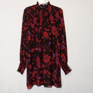 SANCTUARY Red/Black Lined Chiffon Long Sleeve Smocked Straight Dress; Size XS
